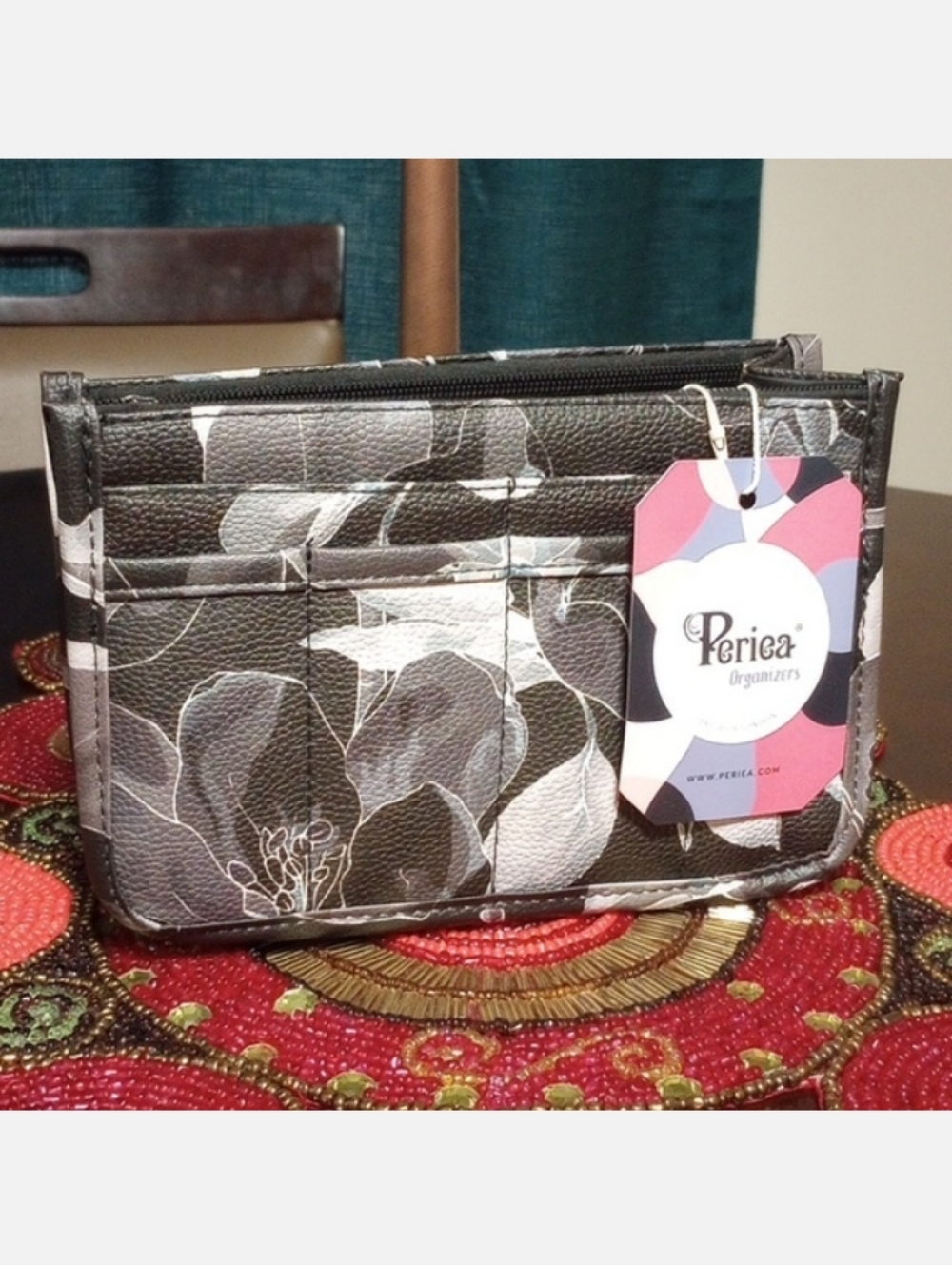 Purse Organizer Insert Faux Leather-Black Floral